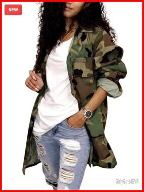 Women's Camouflage Trench Coat Long Sleeve Military Jacket
